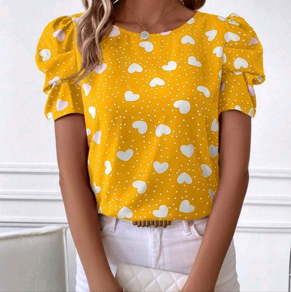 Casual Heart & Polka Dot Print Puff Sleeve Blouse - Picture 3 of 4